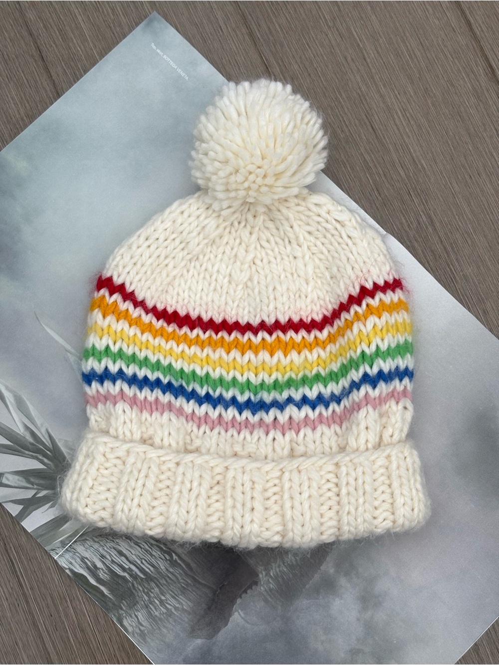 The Blueberry Hill Rainbow Stripe Beanie Hat Pom-Pom In Cream Size M